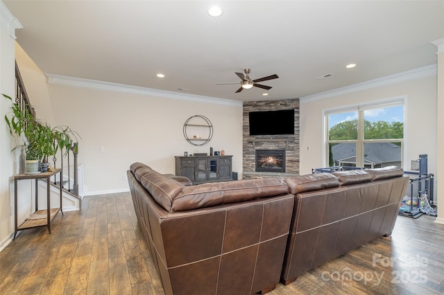 2014 Drawbridge Dr, Fort Mill, SC 29707 - living area with a ceiling fan, ornamental molding, dark wood-style floors, a fireplace, and baseboards