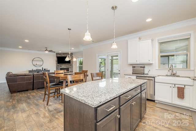 2014 Drawbridge Dr, Fort Mill, SC 29707 - kitchen featuring dishwasher, a sink, a fireplace, open floor plan, and white cabinets