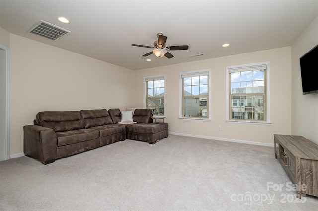 2014 Drawbridge Dr, Fort Mill, SC 29707 - living area featuring light carpet, a ceiling fan, recessed lighting, and baseboards