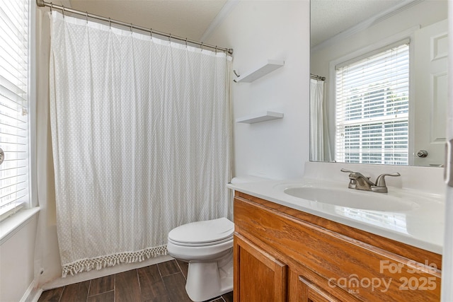 197 Devon Forest Dr, Mooresville, NC 28115 - full bath featuring toilet, ornamental molding, wood finished floors, and vanity