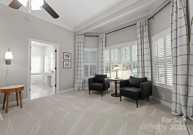328 Whippoorwill Rd, Mooresville, NC 28117 - living area featuring crown molding, ceiling fan, carpet, and baseboards