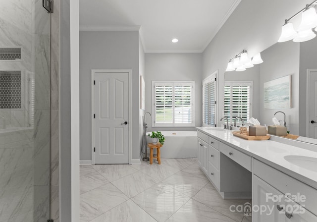 328 Whippoorwill Rd, Mooresville, NC 28117 - full bathroom featuring marble finish floors, a marble finish shower, a freestanding bath, double vanity, and ornamental molding