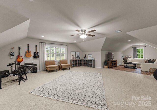 328 Whippoorwill Rd, Mooresville, NC 28117 - interior space with lofted ceiling, carpet floors, a ceiling fan, and recessed lighting