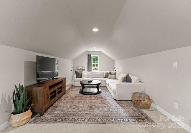 328 Whippoorwill Rd, Mooresville, NC 28117 - living area featuring lofted ceiling, baseboards, carpet, and recessed lighting