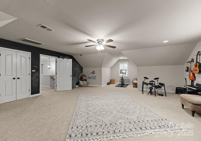 328 Whippoorwill Rd, Mooresville, NC 28117 - living area with carpet, ceiling fan, lofted ceiling, and baseboards