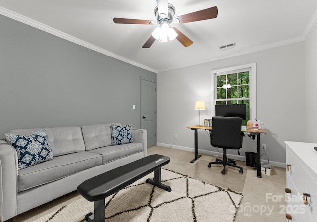 328 Whippoorwill Rd, Mooresville, NC 28117 - home office with light colored carpet, ornamental molding, ceiling fan, and baseboards