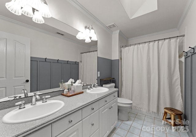 328 Whippoorwill Rd, Mooresville, NC 28117 - full bath featuring tile patterned floors, crown molding, toilet, double vanity, and a chandelier