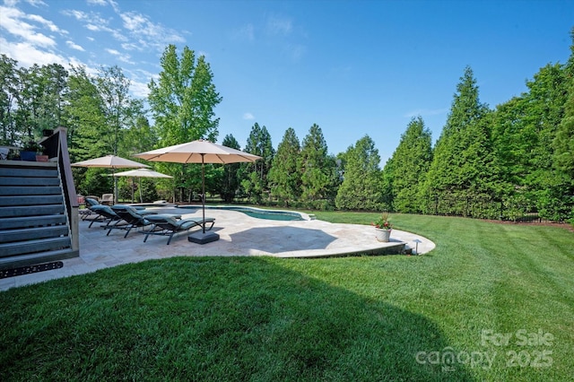 7507 Meadowgate Ln, Waxhaw, NC 28173 - view of grassy yard featuring stairway, a patio, and an outdoor pool
