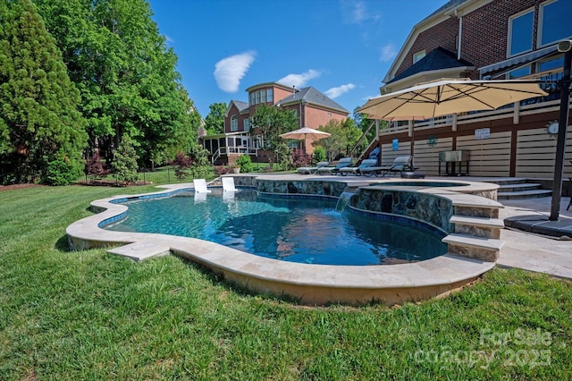 7507 Meadowgate Ln, Waxhaw, NC 28173 - view of pool featuring a lawn, stairway, and a pool with connected hot tub