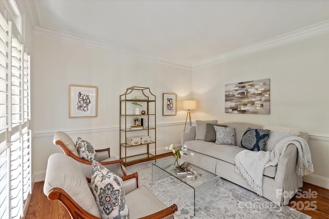 7507 Meadowgate Ln, Waxhaw, NC 28173 - living area featuring crown molding, plenty of natural light, wood finished floors, and baseboards