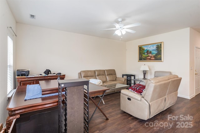 13612 Singleleaf Ln, Charlotte, NC 28278 - living room featuring dark wood-style flooring, ceiling fan, plenty of natural light, and baseboards