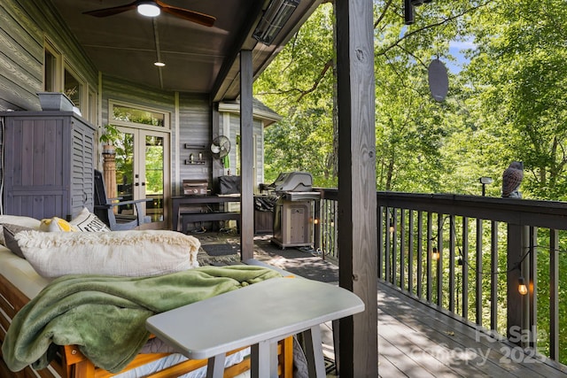 5 Saddle Rdg, Fletcher, NC 28732 - wooden terrace featuring ceiling fan, french doors, and grilling area