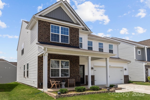 view of front facade featuring brick siding, concrete driveway, an attached garage, and board and batten siding