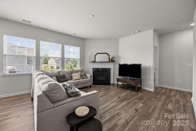 living area featuring wood finished floors, a fireplace, baseboards, and recessed lighting