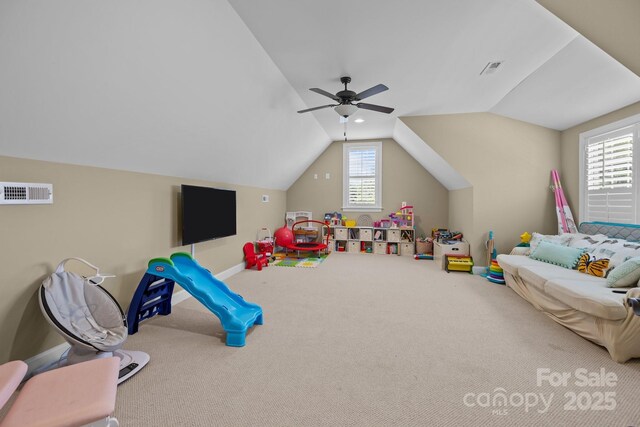 335 Wintergreen Ct, Kings Mountain, NC 28086 - playroom featuring carpet floors, lofted ceiling, a ceiling fan, and baseboards