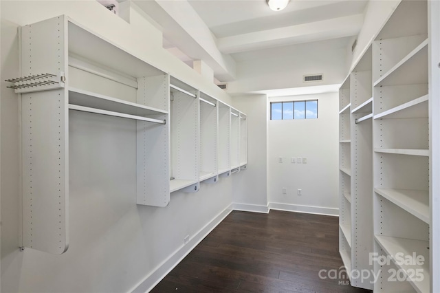 walk in closet with dark wood-style floors