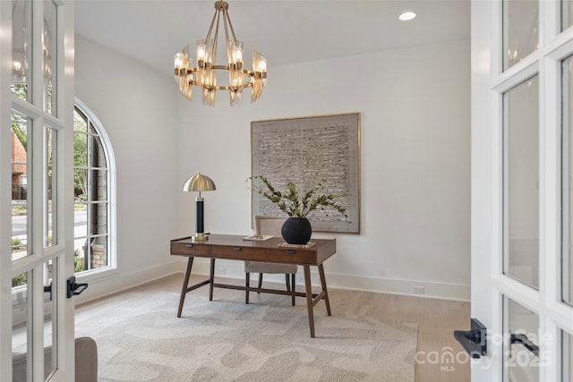 536 Hillside Ave, Charlotte, NC 28209 - office space with french doors, wood finished floors, a chandelier, baseboards, and recessed lighting