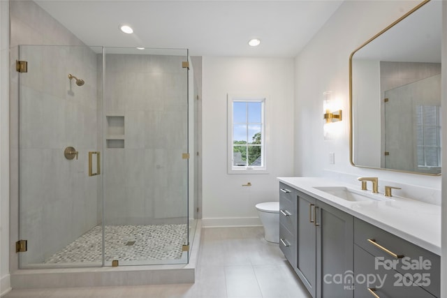 536 Hillside Ave, Charlotte, NC 28209 - full bathroom featuring toilet, baseboards, a stall shower, vanity, and tile patterned flooring