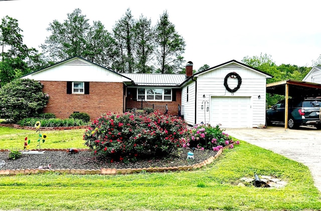 single story home with brick siding, a front lawn, a carport, driveway, and a chimney