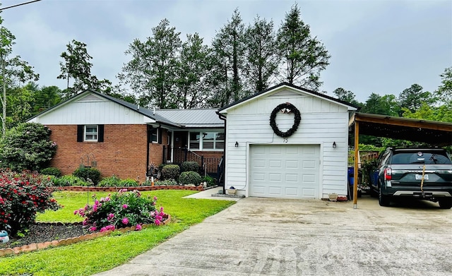 ranch-style house featuring concrete driveway, brick siding, a front yard, and a garage
