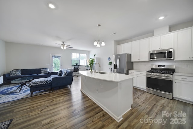 5034 Moss Pine Way, Tega Cay, SC 29708 - kitchen featuring stainless steel appliances, open floor plan, dark wood-style floors, a sink, and light countertops