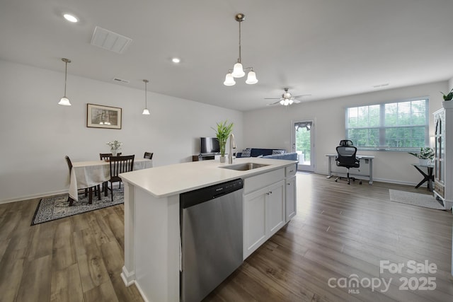 5034 Moss Pine Way, Tega Cay, SC 29708 - kitchen featuring a sink, dishwasher, dark wood finished floors, pendant lighting, and a desk