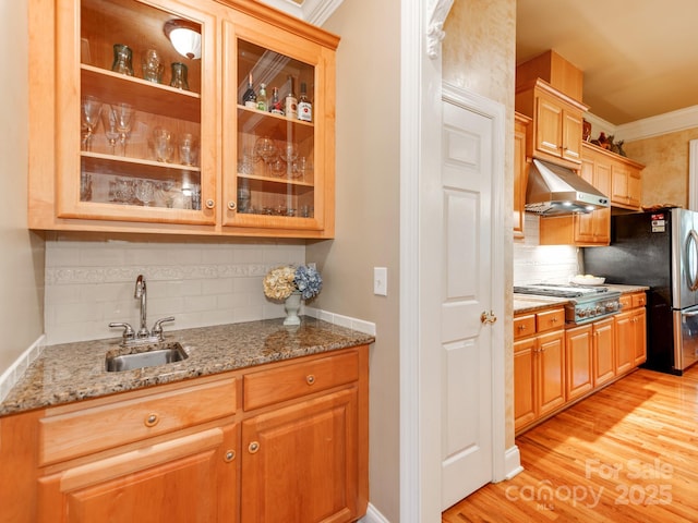 3044 Luke Crossing Dr, Charlotte, NC 28226 - kitchen with extractor fan, a sink, stainless steel appliances, light stone counters, and backsplash