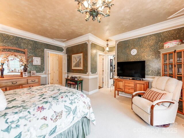 3044 Luke Crossing Dr, Charlotte, NC 28226 - bedroom featuring a chandelier, carpet, wallpapered walls, and crown molding