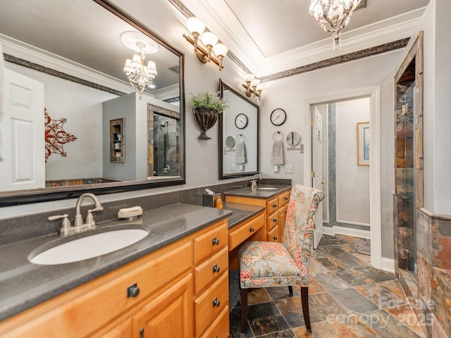 3044 Luke Crossing Dr, Charlotte, NC 28226 - full bathroom featuring a chandelier, crown molding, vanity, stone finish flooring, and a shower stall