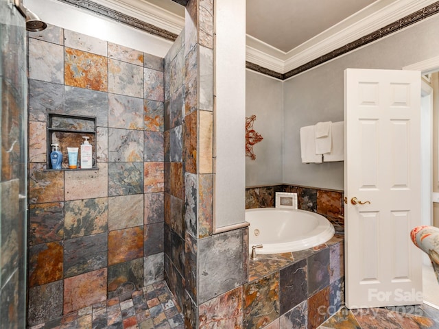 3044 Luke Crossing Dr, Charlotte, NC 28226 - bathroom featuring ornamental molding, a bath, and a tile shower