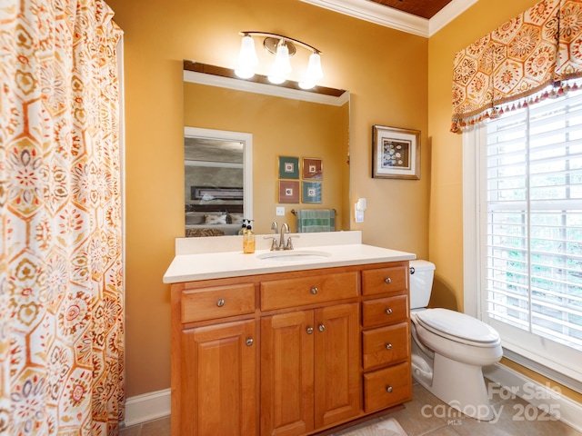 3044 Luke Crossing Dr, Charlotte, NC 28226 - bathroom with toilet, ornamental molding, vanity, tile patterned flooring, and a shower with shower curtain