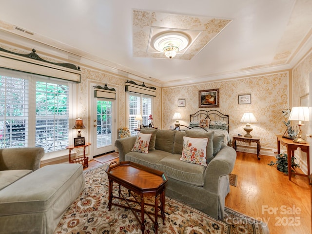 3044 Luke Crossing Dr, Charlotte, NC 28226 - bedroom with wallpapered walls, access to outside, ornamental molding, light wood-style floors, and a raised ceiling