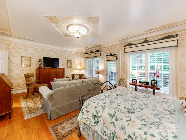 3044 Luke Crossing Dr, Charlotte, NC 28226 - bedroom with wallpapered walls, access to exterior, light wood-style flooring, and crown molding