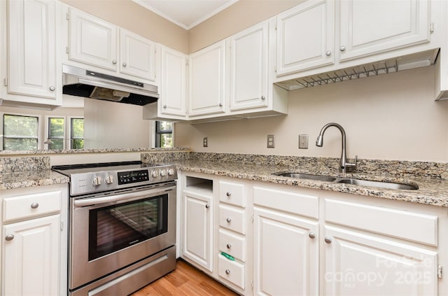 216 S Clarkson St Unit E, Charlotte, NC 28202 - kitchen featuring electric stove, under cabinet range hood, a sink, white cabinets, and light wood-style flooring
