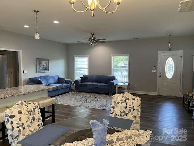 1119 Balls Creek Rd, Claremont, NC 28610 - living room featuring healthy amount of natural light, dark wood finished floors, recessed lighting, and a ceiling fan