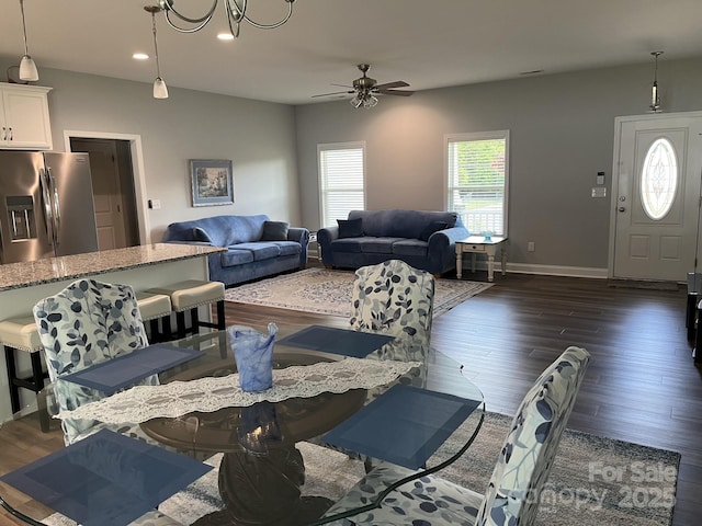 1119 Balls Creek Rd, Claremont, NC 28610 - living room with ceiling fan, dark wood-type flooring, recessed lighting, and baseboards