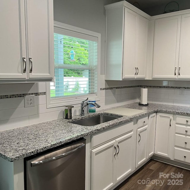 1119 Balls Creek Rd, Claremont, NC 28610 - kitchen with dishwasher, a sink, white cabinets, and light stone countertops