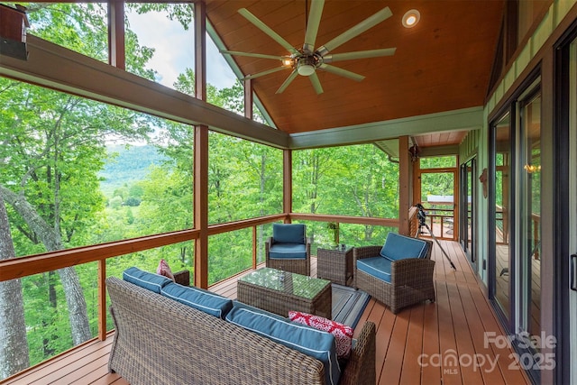 201 Ruffed Grouse Ln, Waynesville, NC 28786 - sunroom with a ceiling fan, lofted ceiling, an outdoor living space, and plenty of natural light