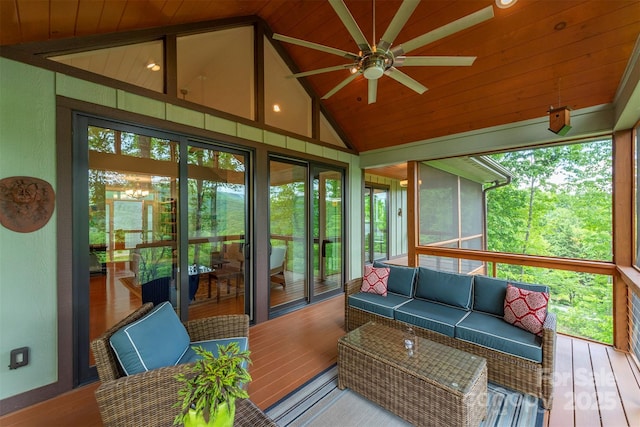 201 Ruffed Grouse Ln, Waynesville, NC 28786 - sunroom featuring lofted ceiling, a ceiling fan, plenty of natural light, and an outdoor hangout area