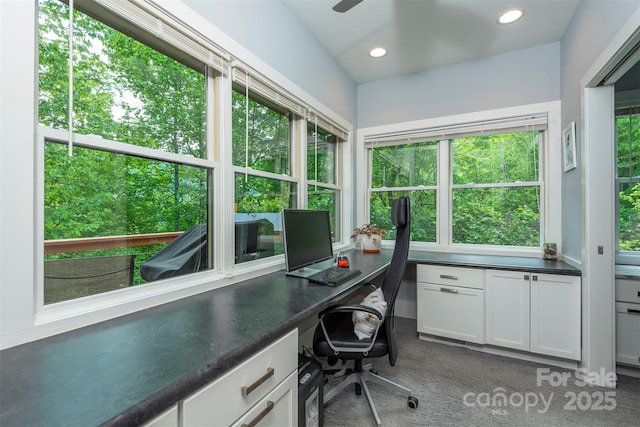 201 Ruffed Grouse Ln, Waynesville, NC 28786 - carpeted office featuring built in study area, recessed lighting, and ceiling fan