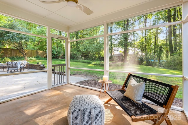 5162 Lincrest Pl, Charlotte, NC 28211 - sunroom with a ceiling fan and view of scattered trees