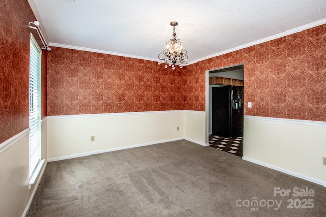 292 Rose St, Mooresville, NC 28117 - empty room with wallpapered walls, a chandelier, carpet floors, crown molding, and baseboards