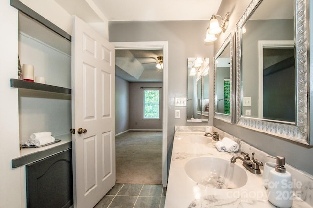 292 Rose St, Mooresville, NC 28117 - full bath featuring tile patterned flooring, double vanity, ceiling fan, and baseboards