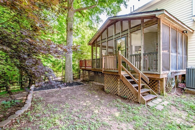 292 Rose St, Mooresville, NC 28117 - view of side of property with a sunroom, stairs, central AC unit, and a wooden deck