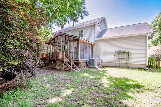292 Rose St, Mooresville, NC 28117 - rear view of house featuring a sunroom, a lawn, cooling unit, and stairway