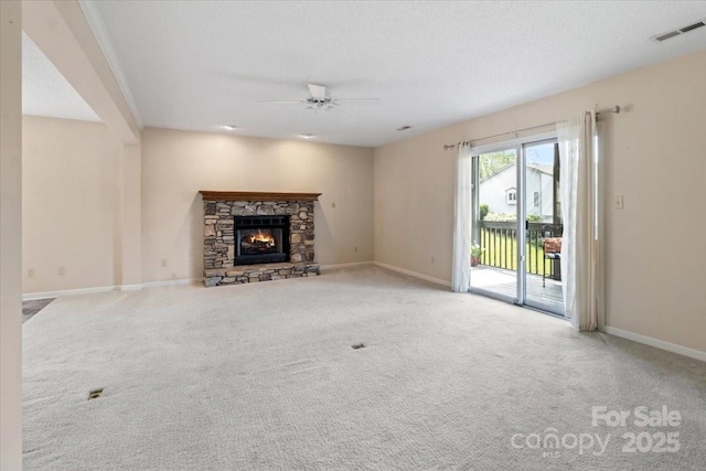 305 Kyfields, Weaverville, NC 28787 - unfurnished living room featuring a ceiling fan, carpet floors, baseboards, and a fireplace