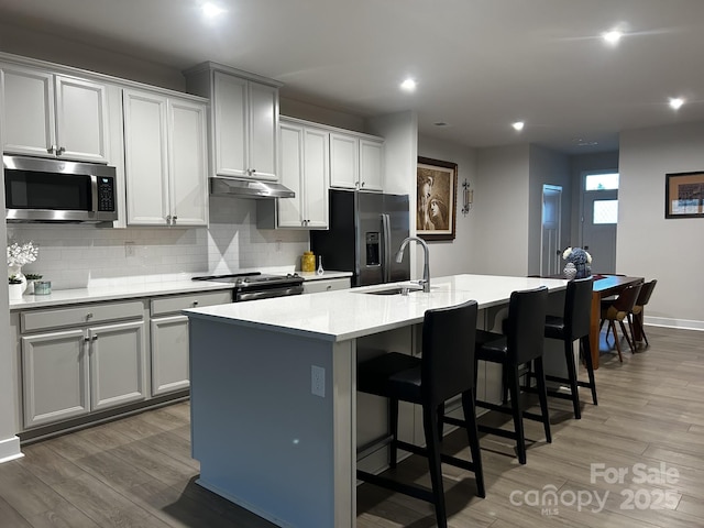 934 Prince Garrett Way, Denver, NC 28037 - kitchen featuring stainless steel appliances, under cabinet range hood, a sink, a kitchen island with sink, and decorative backsplash