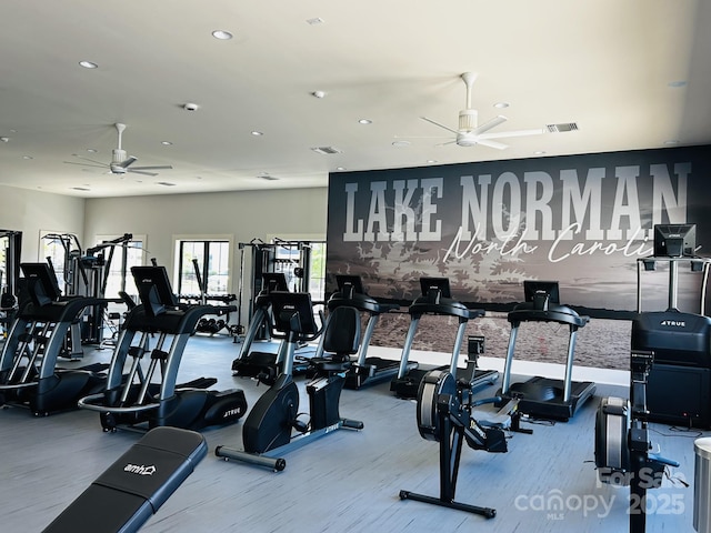934 Prince Garrett Way, Denver, NC 28037 - workout area with a ceiling fan, recessed lighting, and wood finished floors