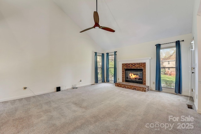 5108 Tedorill Ln, Charlotte, NC 28226 - unfurnished living room featuring high vaulted ceiling, carpet, a ceiling fan, a fireplace, and baseboards