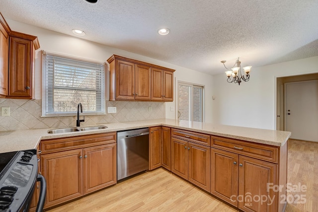 5108 Tedorill Ln, Charlotte, NC 28226 - kitchen featuring a sink, stainless steel dishwasher, a peninsula, stove, and brown cabinets